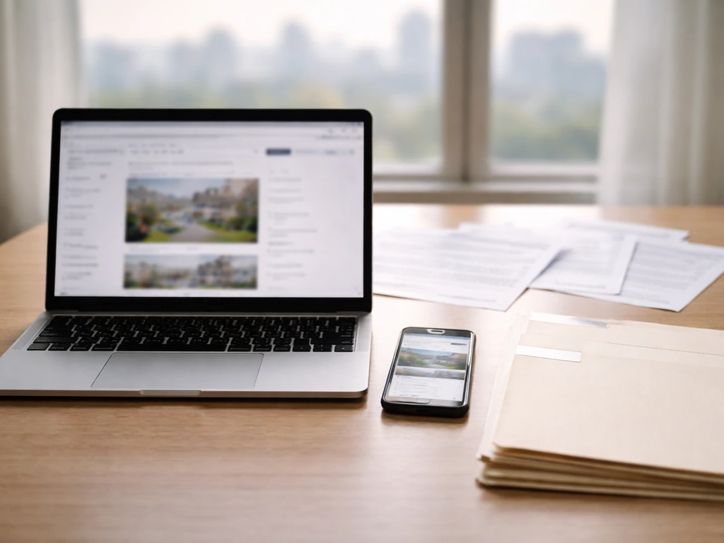 Minimal desk with laptop and blurred property/search materials symbolizing outside-in net worth building.