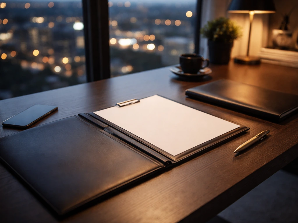 Minimal luxury office desk setup with a phone, documents, and soft city light suggesting finance and real estate