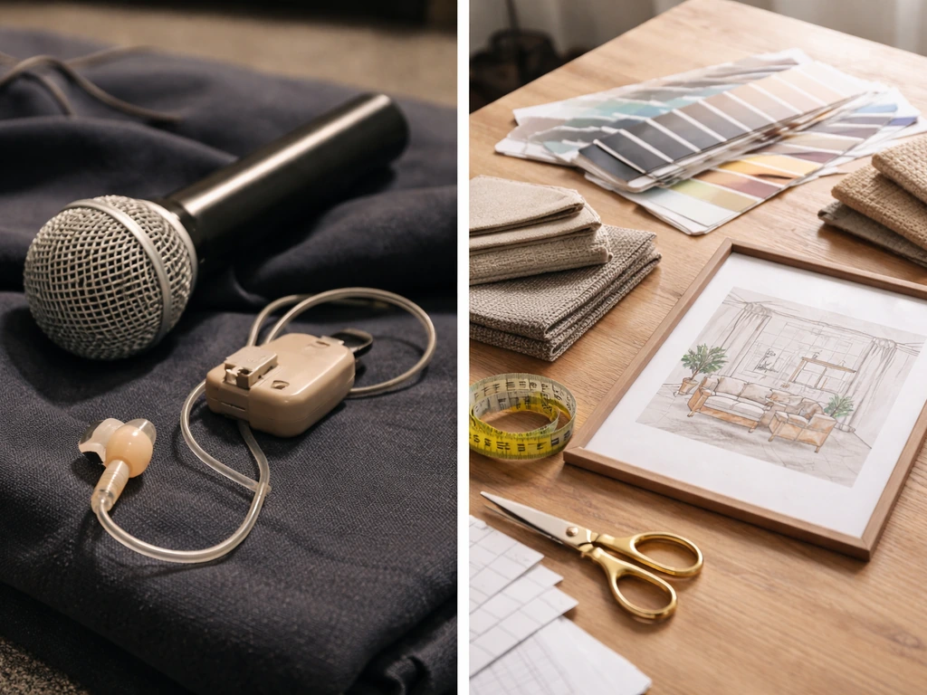 Split view: TV production mic on one side and interior design swatches with measuring tape on the other.