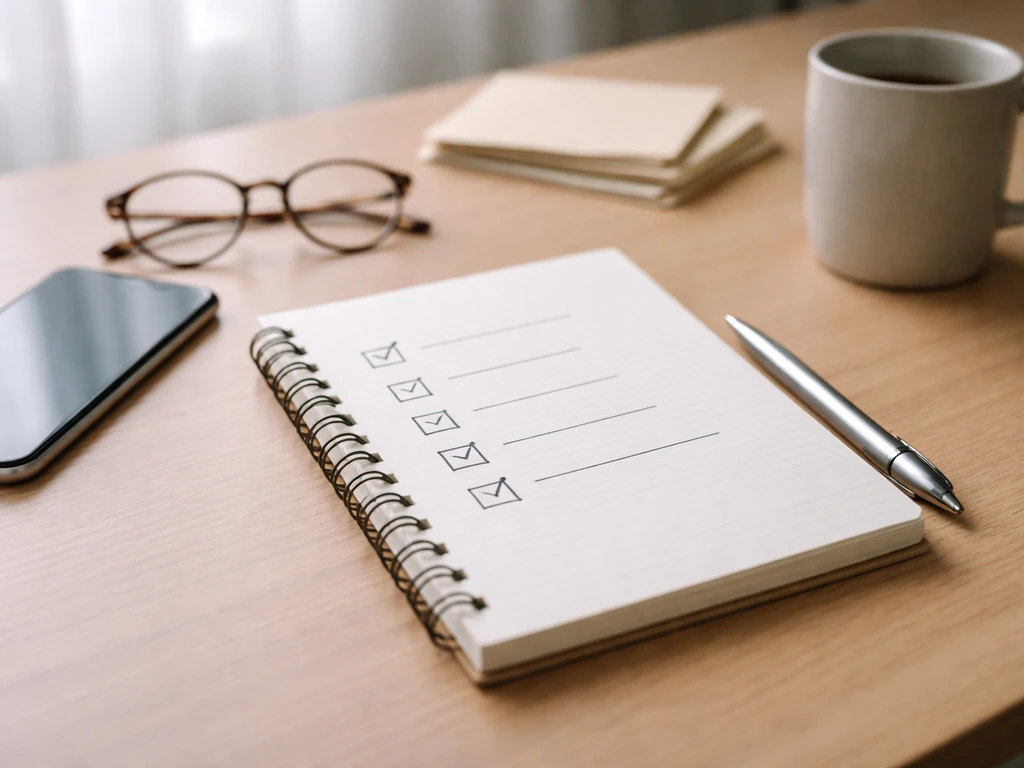 Minimal desk scene with checklist, smartphone, and notebook suggesting self-verified net worth research.