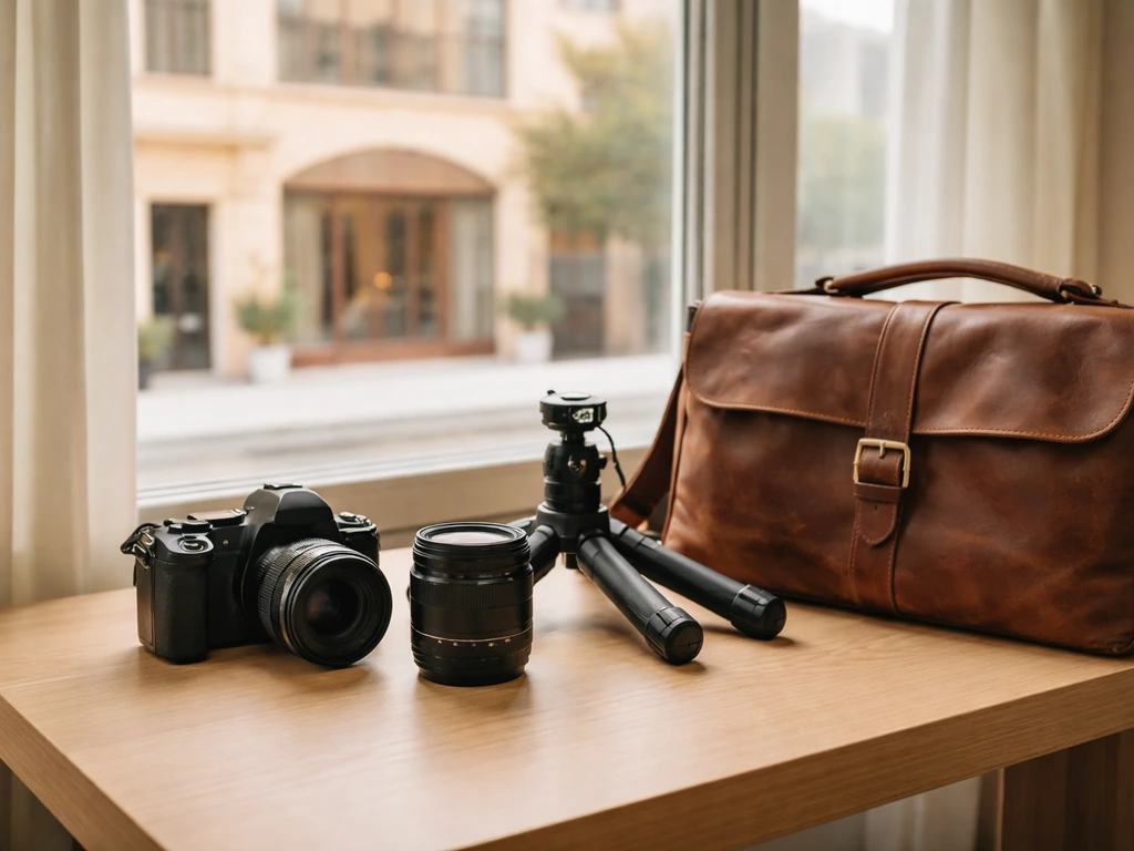 Minimal photo of a tidy camera gear setup on a desk with a San Diego storefront visible through a window.