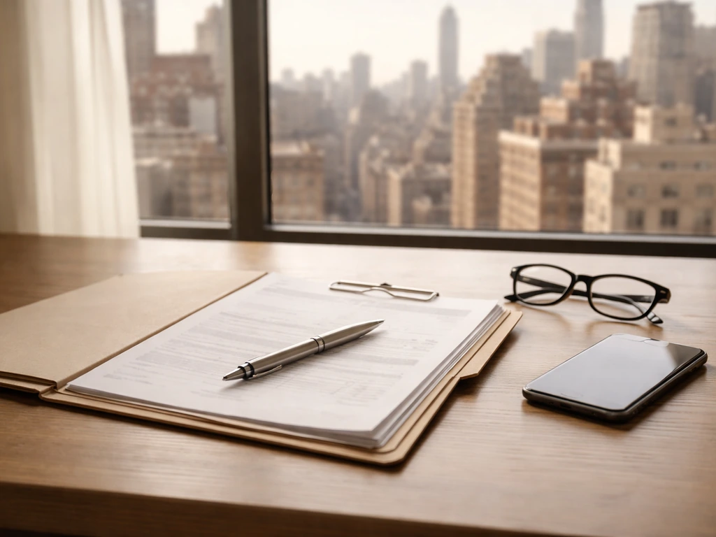 NYC real estate paperwork on a desk with a blurred window view, symbolizing cast-by-cast net worth estimates