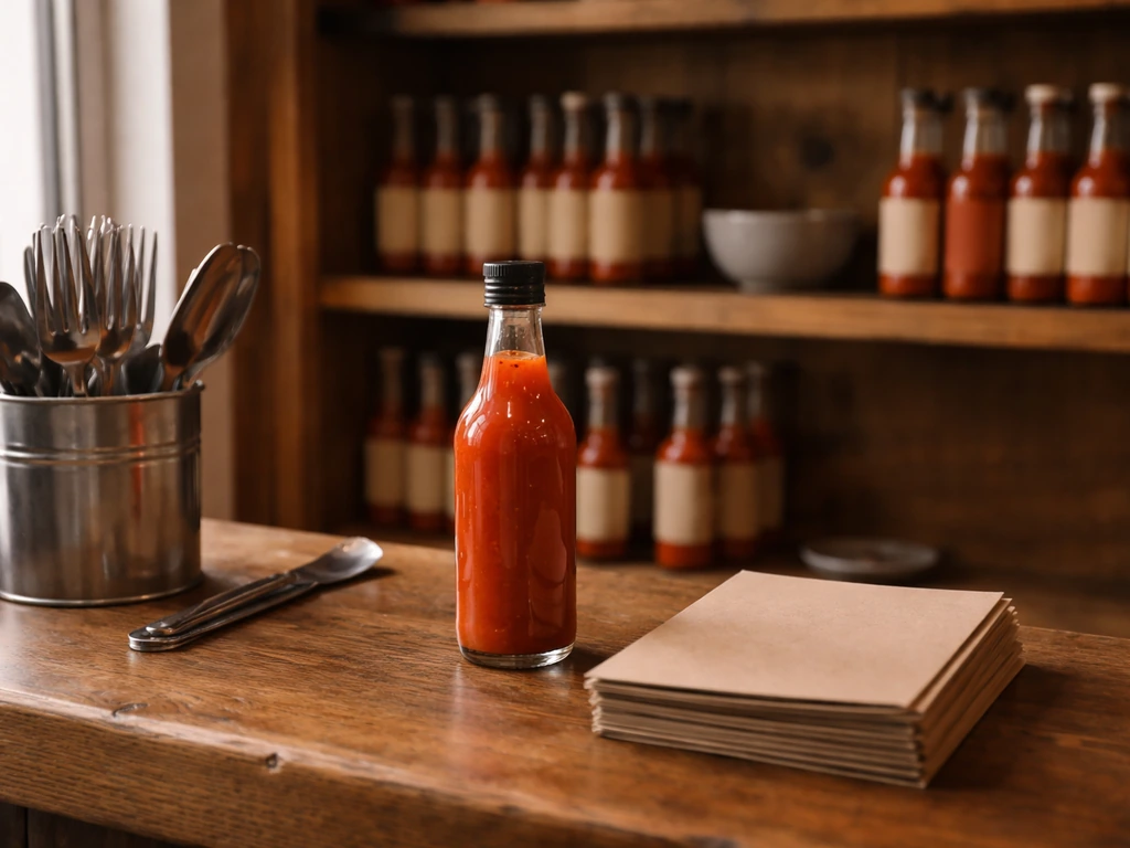 Unbranded hot sauce bottles on a small storefront counter with warm natural light