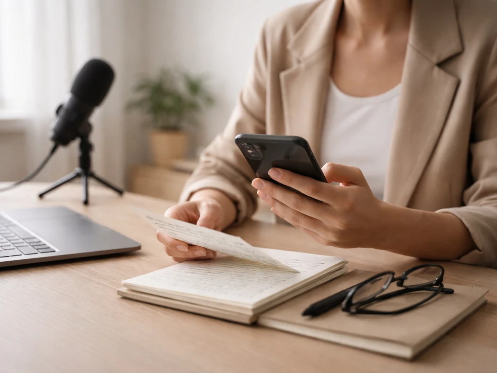 Anonymous PR professional at a desk with a phone, notes, and a studio microphone in soft natural light.