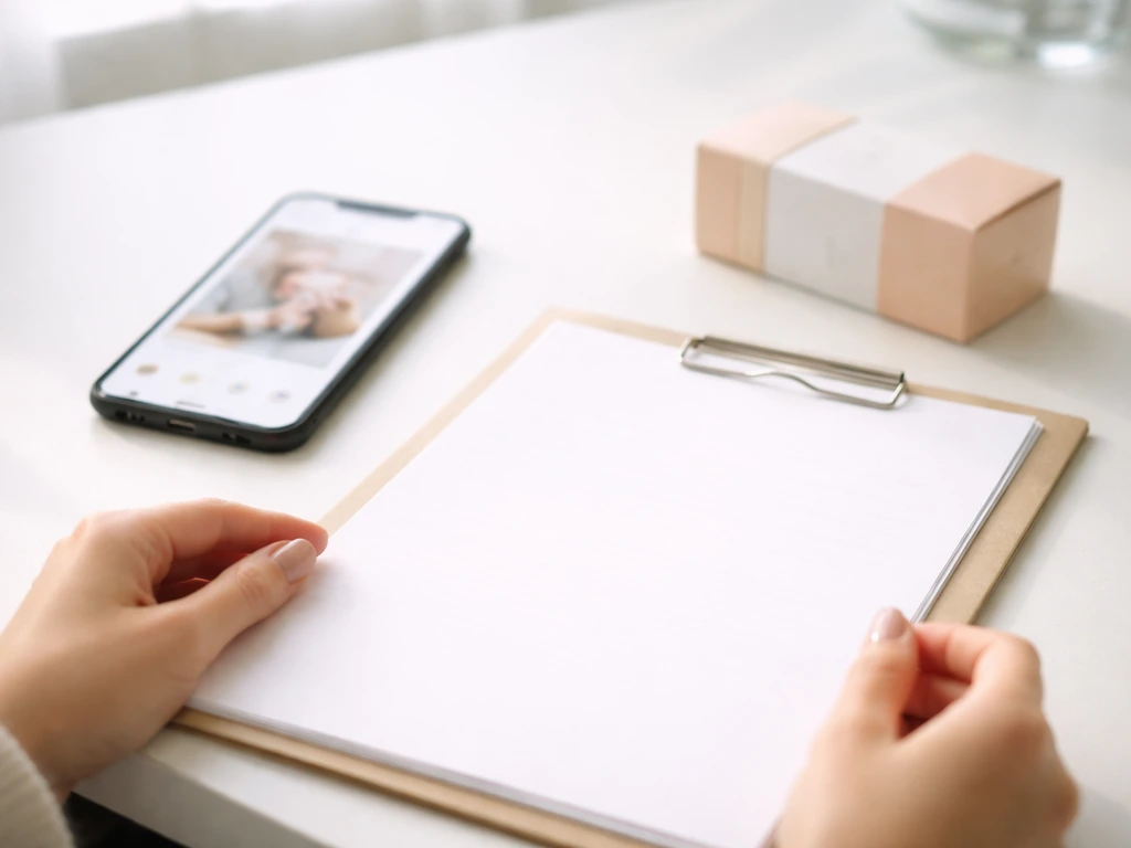 Close-up of influencer sponsorship workflow: sponsored post mockup, contract brief, and branded product on a desk.