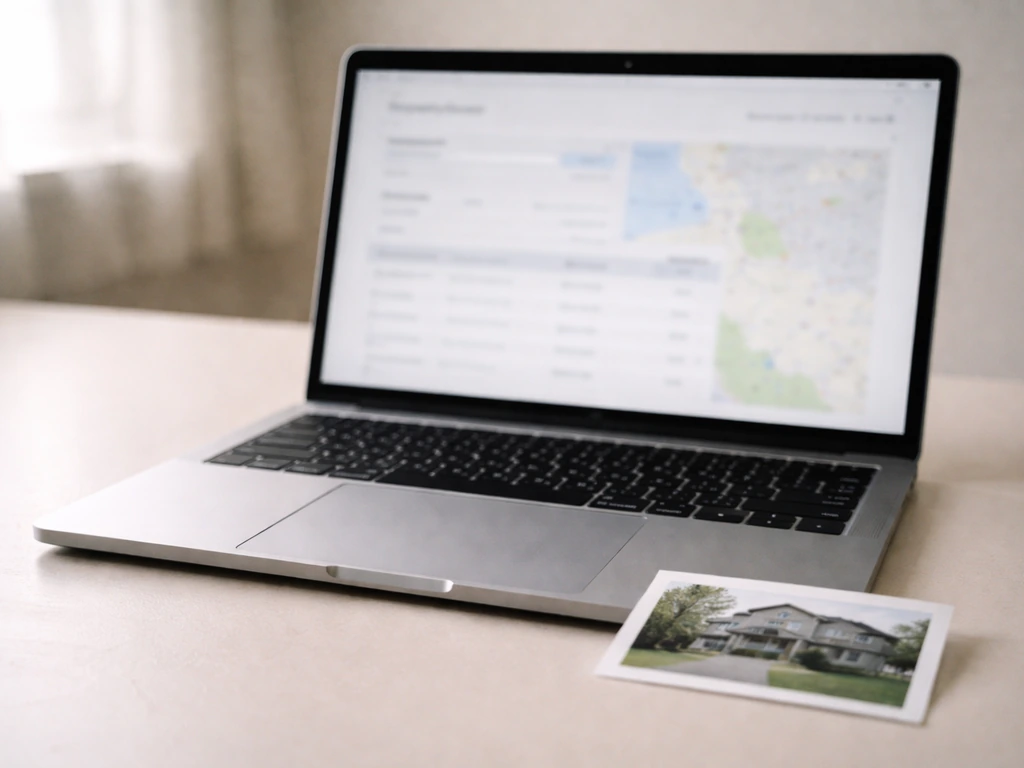 Close-up of a laptop showing a generic property records search screen beside a small house exterior photo