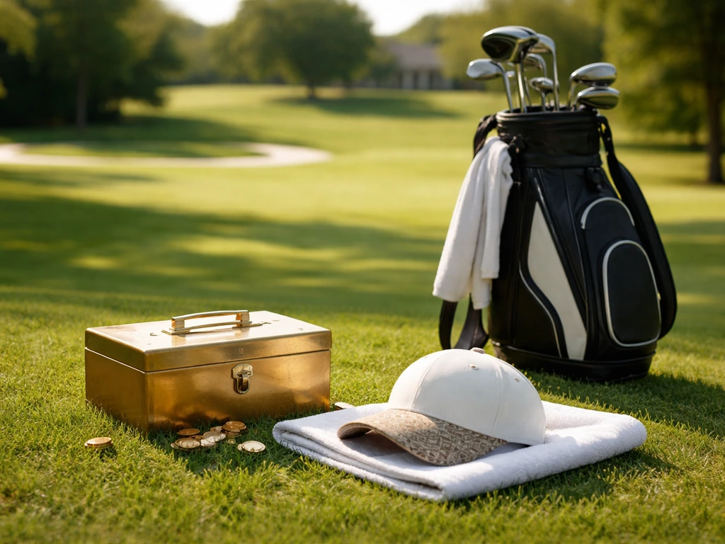 Golf course scene with a golf bag and a shiny cashbox with gold coins, symbolic wealth lifestyle.