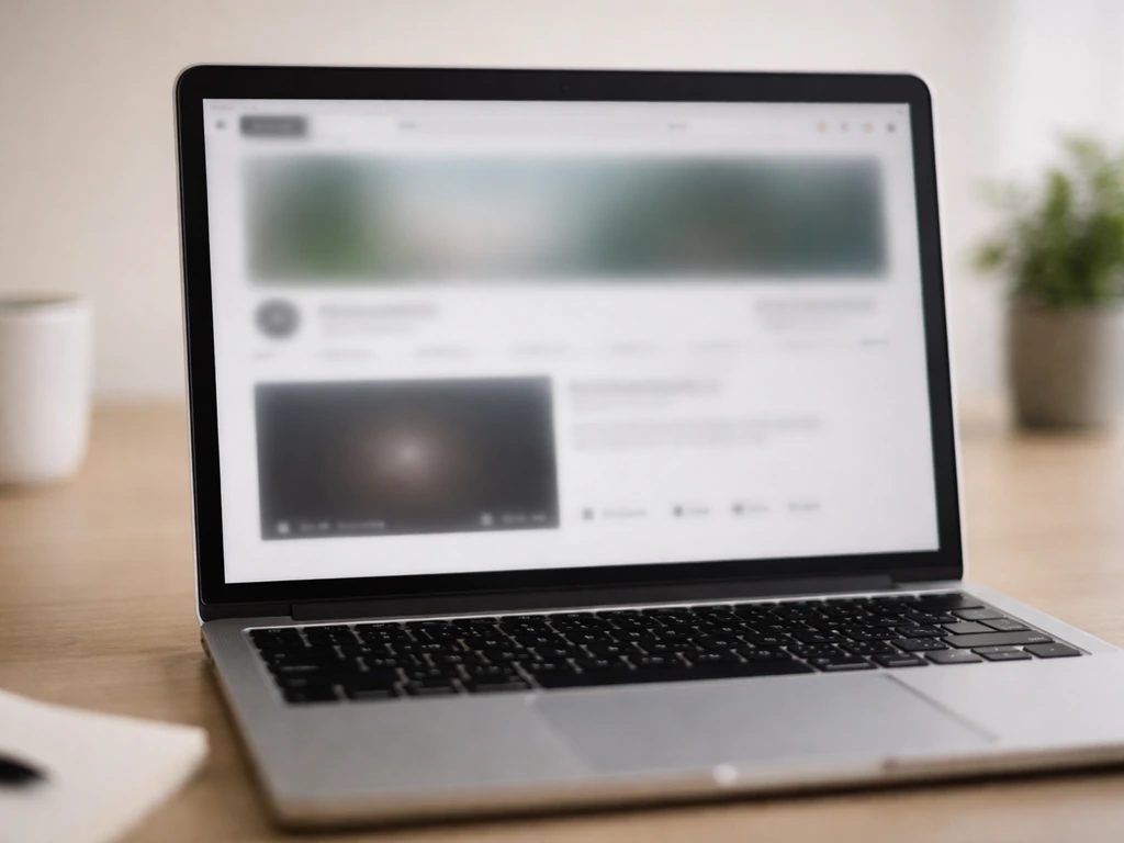 Close-up of a computer screen showing a blurred YouTube-style video page on a simple desk.