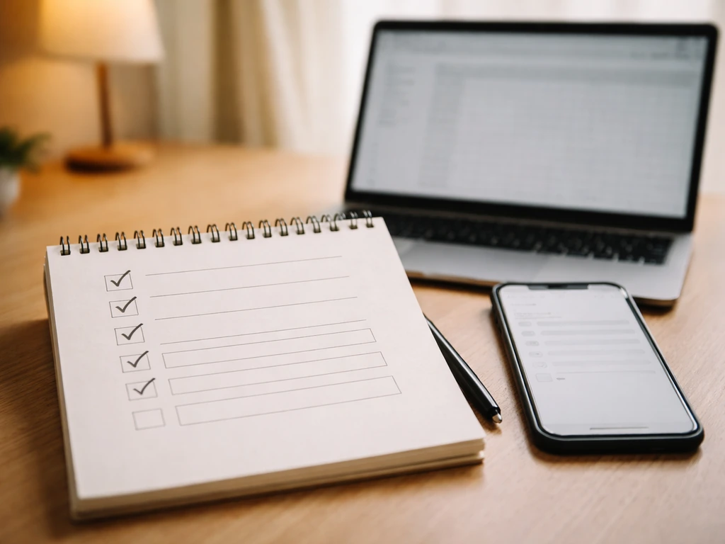 Close-up of desk with checklist notebook, smartphone, and laptop spreadsheet grid for verifying claims.