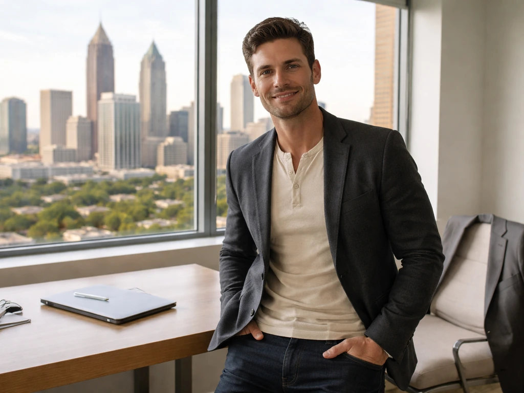 An anonymous entrepreneur in a modern Atlanta-style office, framed by city skyline through a window
