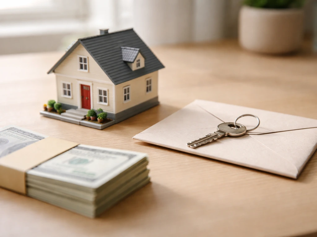Minimal photo of a house model and a stack of bills with a close mortgage key on a desk