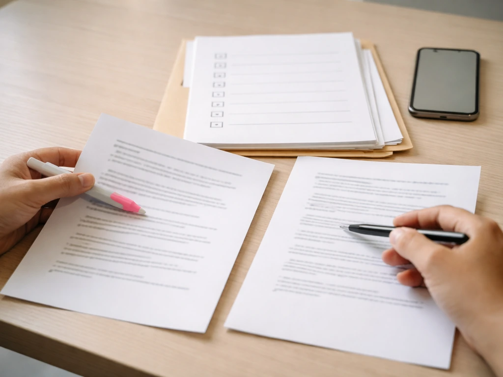 Close-up of a hand comparing documents beside a phone, with an empty checklist pad and records folder.