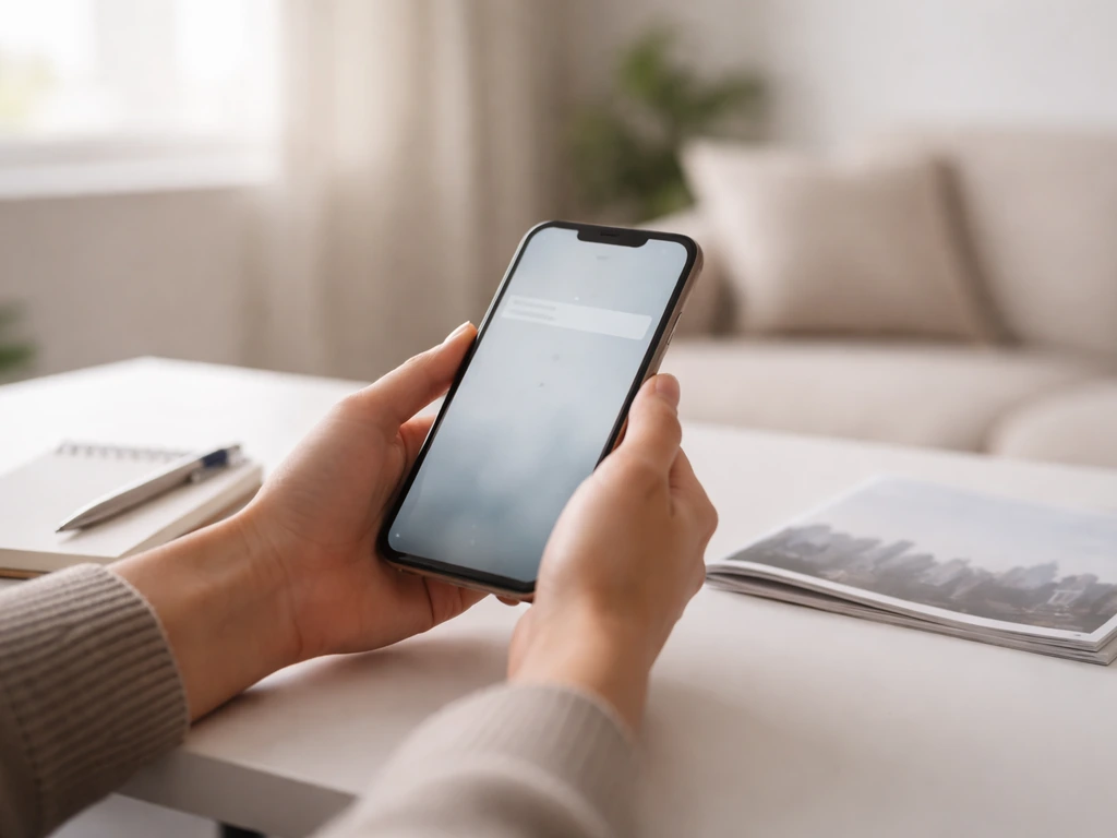 Hand using a smartphone to search and narrow down a New York reality star list, simple desk scene