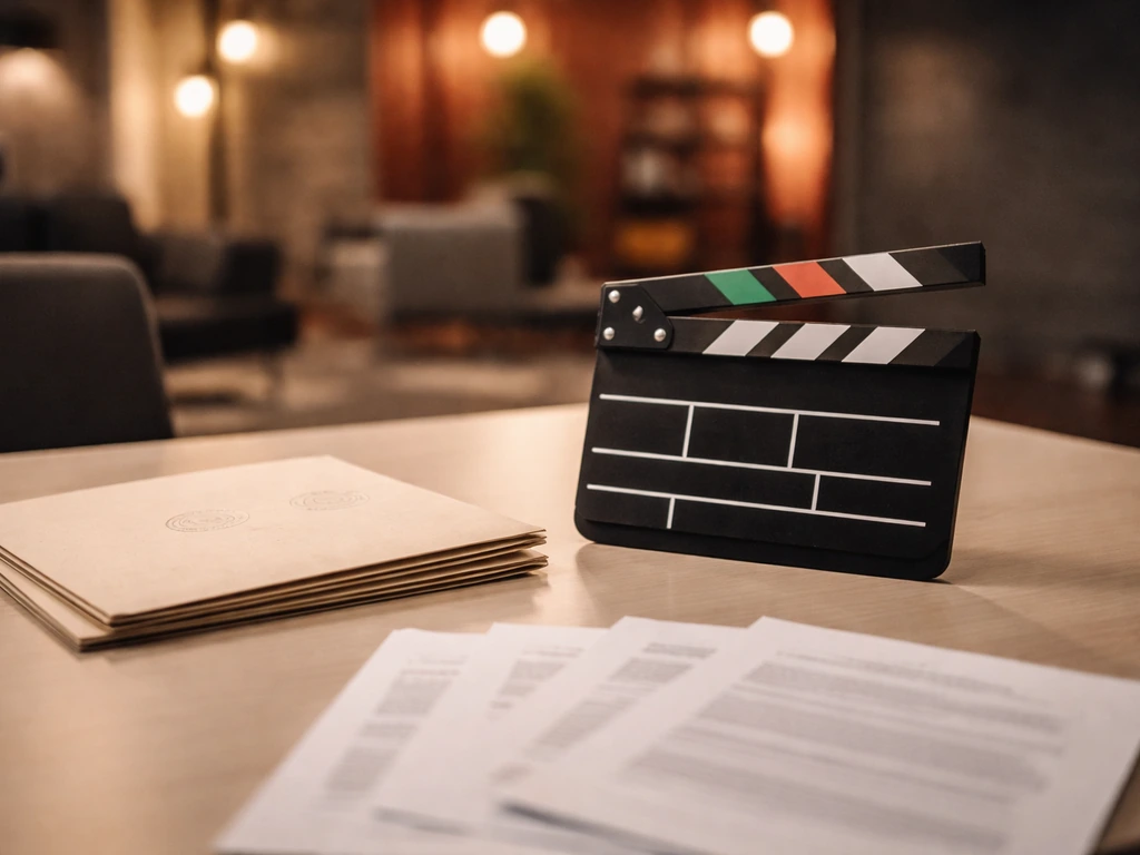 Minimal desk scene with a studio clapperboard and generic contract-like folders, no readable text.