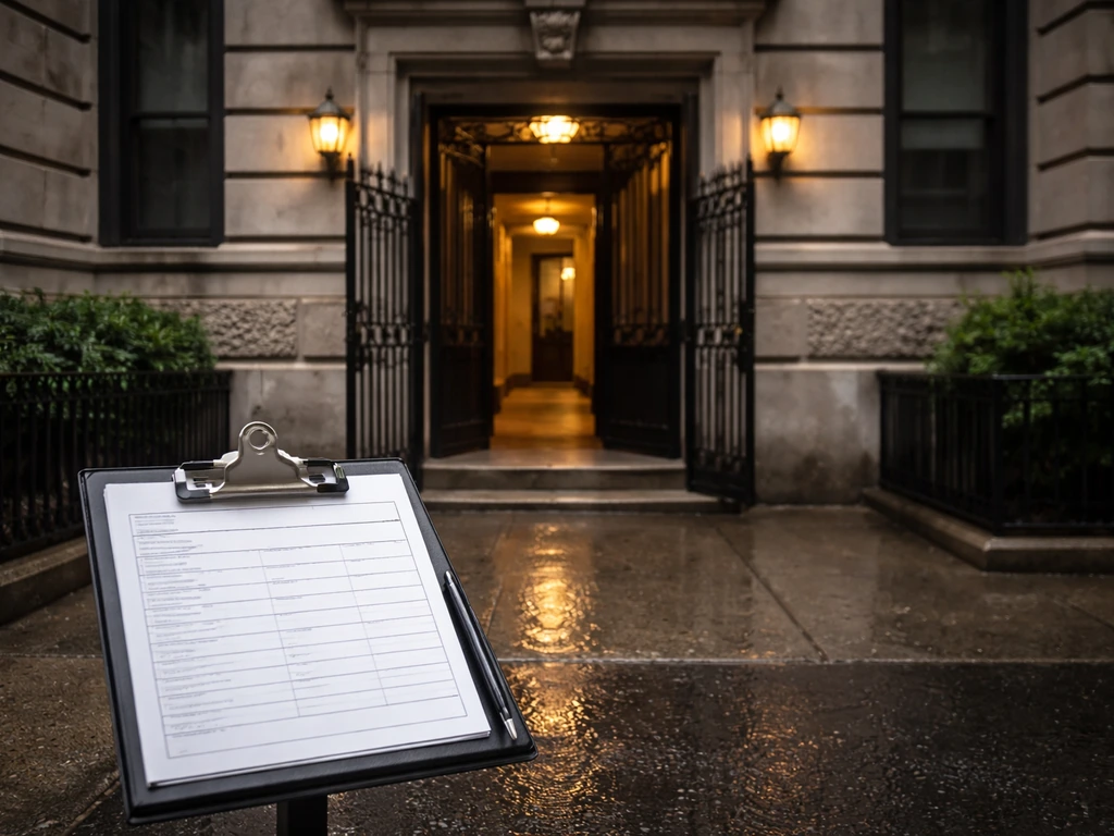 Street-level view of a Manhattan apartment doorway with a blank property record form on a clipboard.