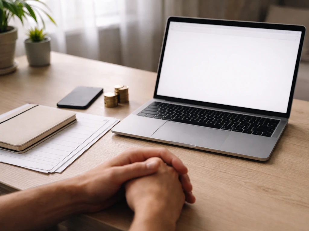Minimal desk scene with paper and laptop showing multiple blank estimate pages, symbolizing competing net worth sources.