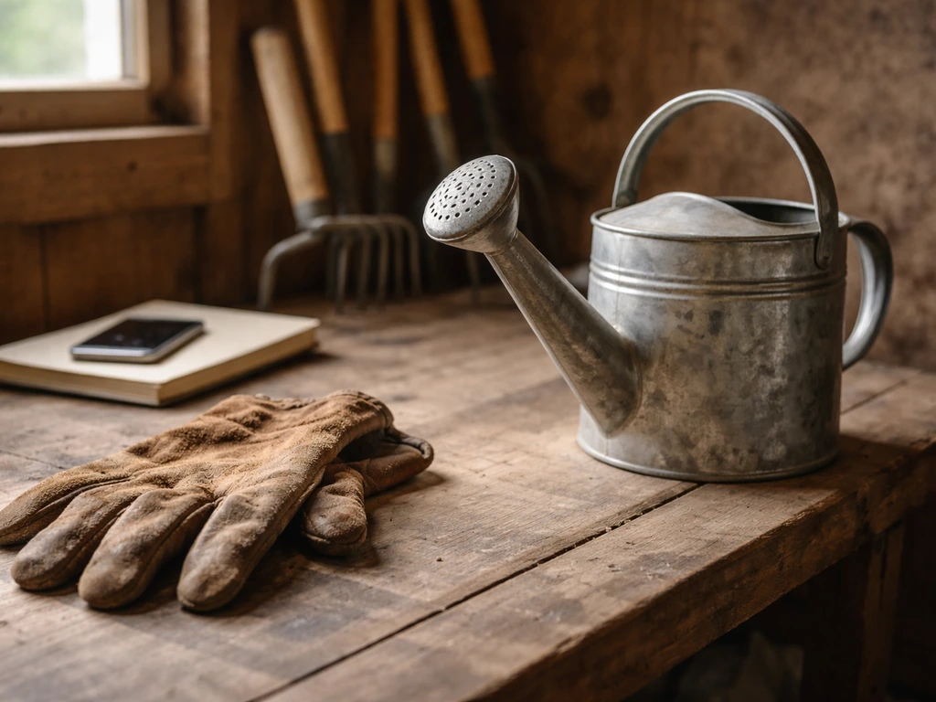 Work shed scene with gloves, watering can, and tools suggesting income sources and business lifestyle.