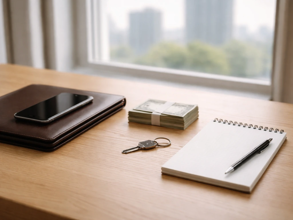 Minimal desk with portfolio, smartphone, cash, and keyring symbolizing money and financial estimation logic