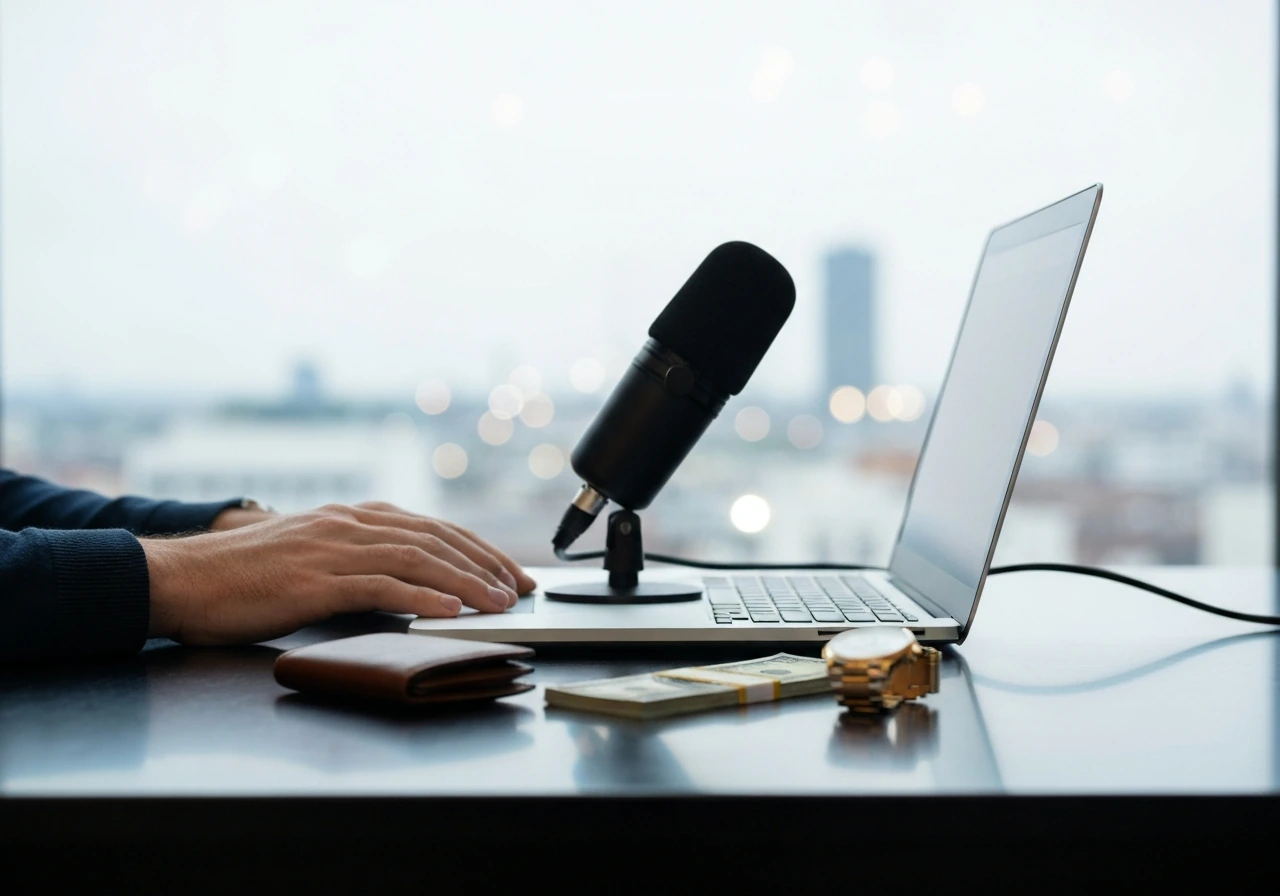 Sunlit luxury desk with a microphone, laptop, and scattered cash-like props suggesting TV media and wealth