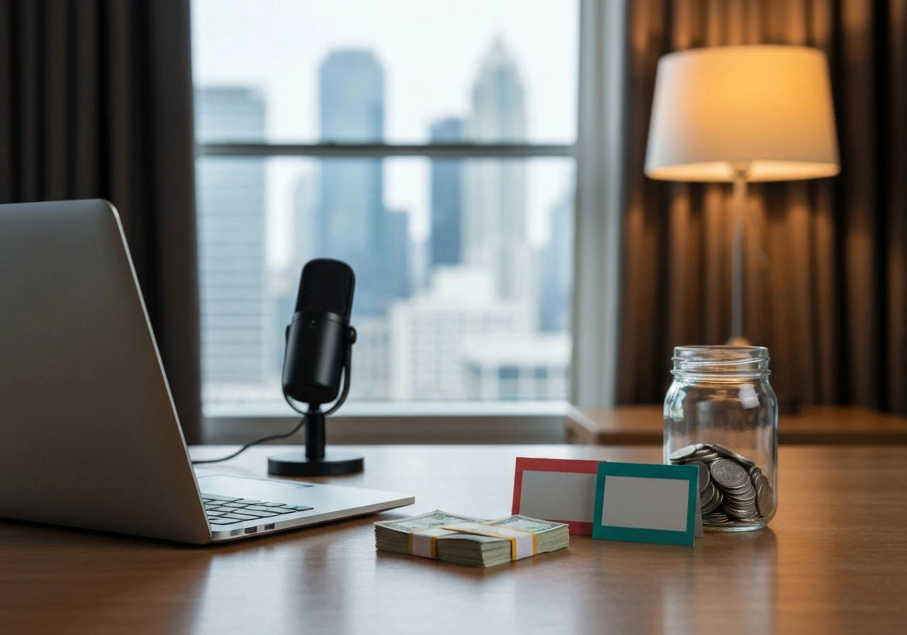 Minimal symbolic photo: luxury office desk with cash and range numbers-like cue without text