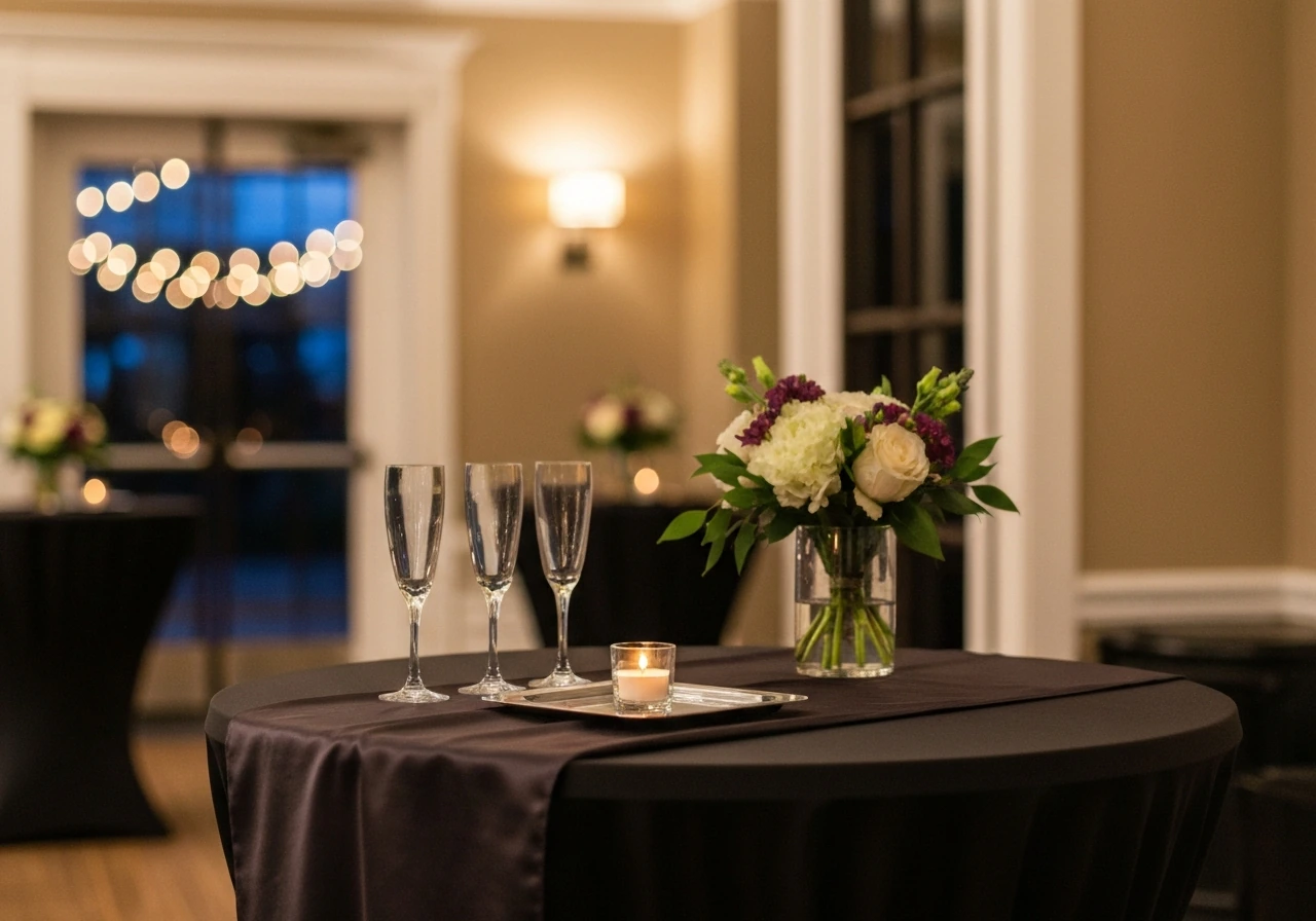Elegant event table setting with champagne glasses and warm evening lights in a softly lit lounge.