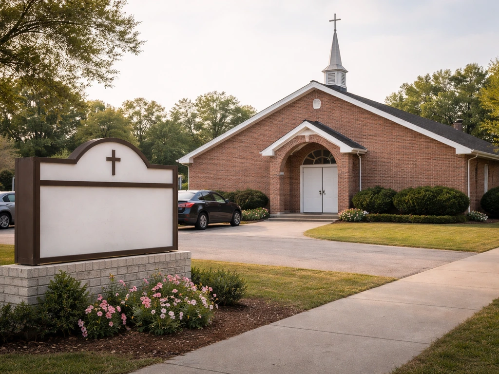Exterior of a modest brick Pentecostal church building with a small steeple and non-readable sign.