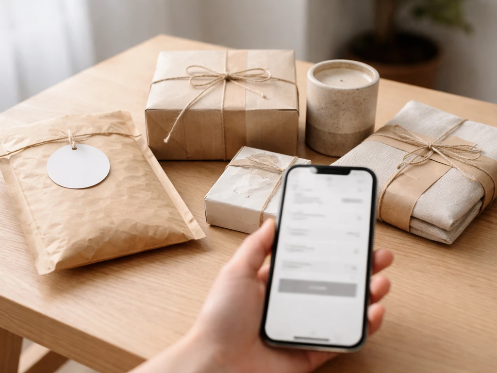 Close-up of retail product packaging beside a phone with a blurred checkout-style screen.