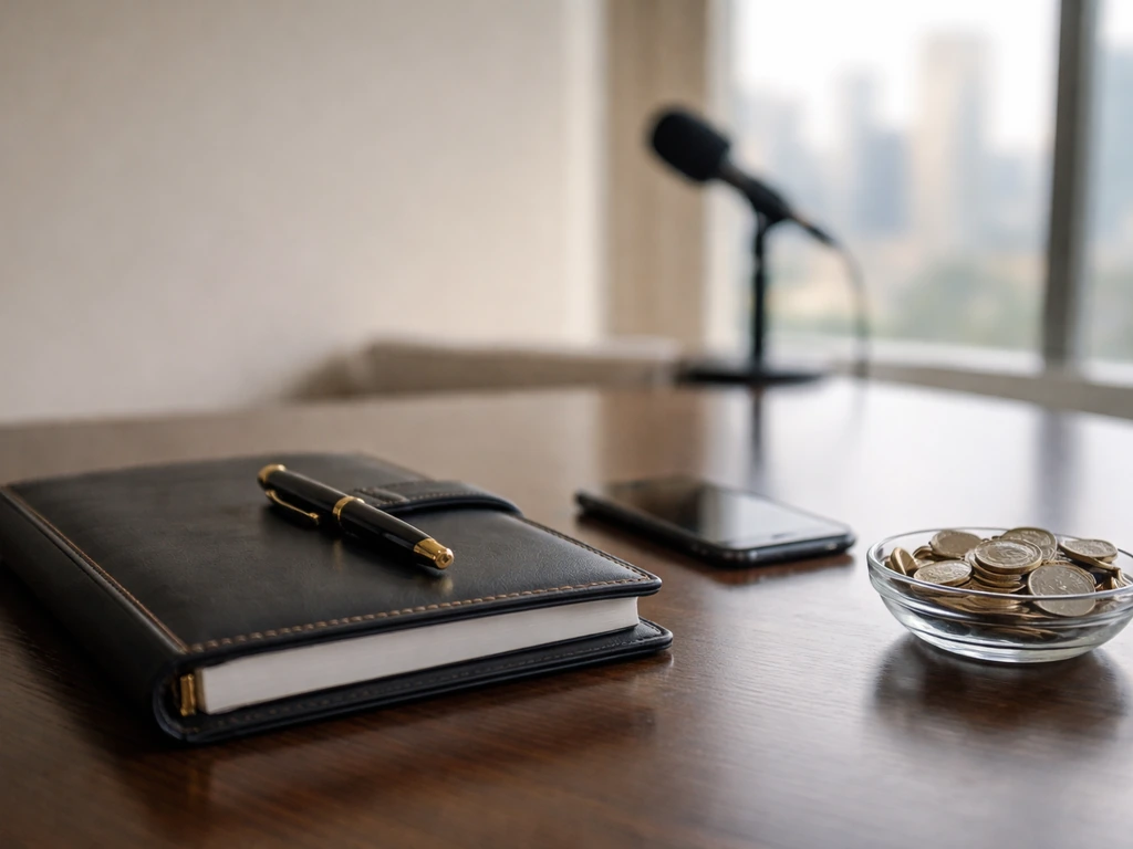 Luxury office desk with coins, pen, and phone, symbolizing a net worth breakdown theme without any person or text.