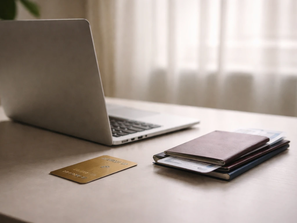 Minimal photo of a laptop on a desk with a credit card and passports, symbolizing 90 Day Fiancé net worth research.
