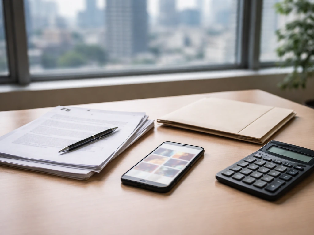 Minimal desk scene with documents, smartphone, and a calculator suggesting net worth estimates from public data