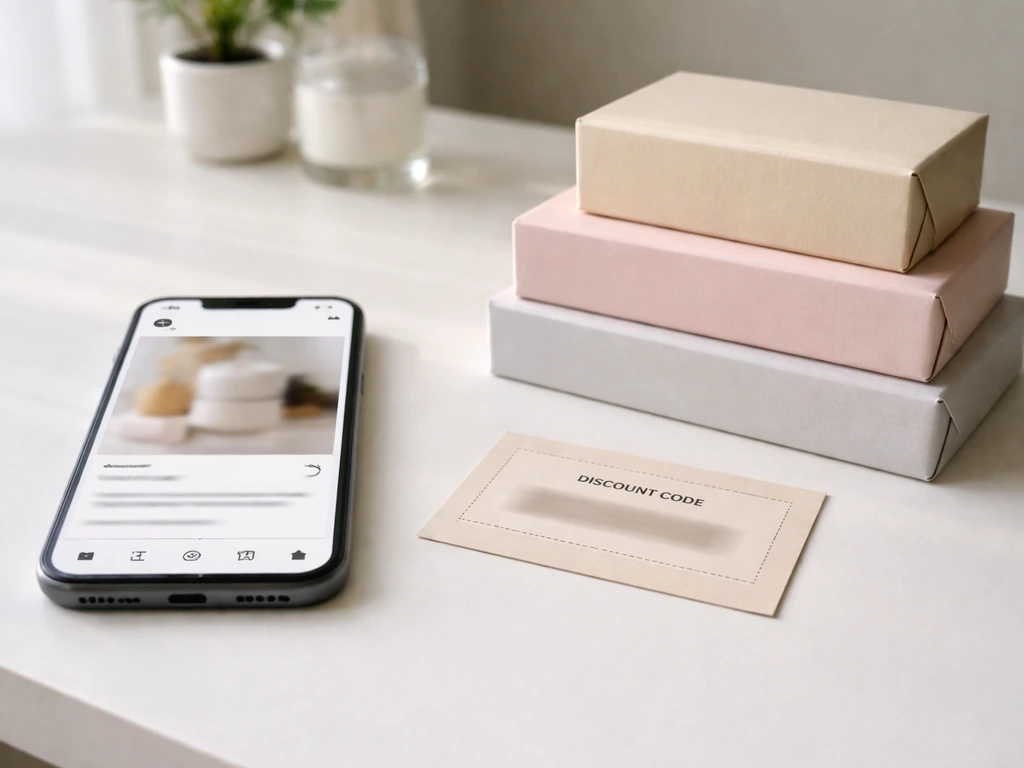 Smartphone with blurred sponsorship post, generic product boxes, and a blurred discount card on a clean desk