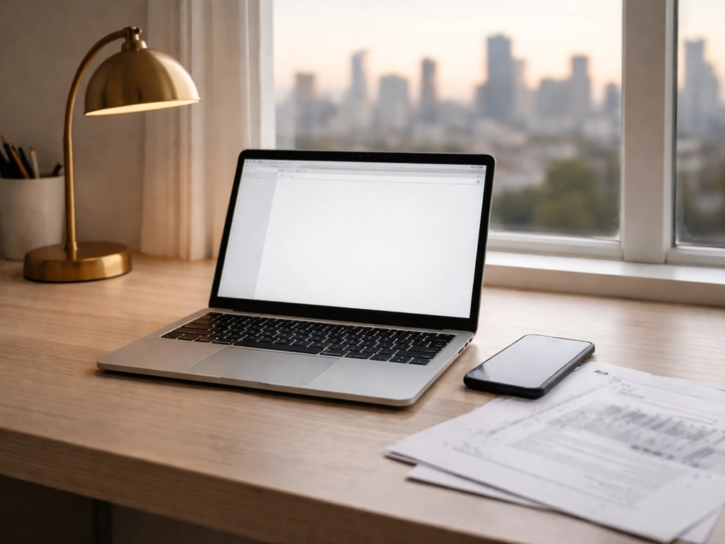 Minimal desk scene with laptop and documents, suggesting verifying net worth using property records.