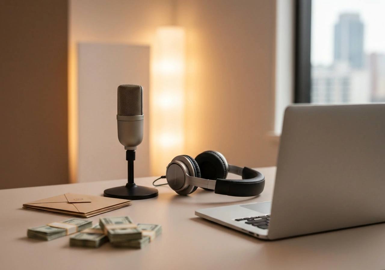 Sunlit studio desk with a microphone and subtle luxury details symbolizing reality TV earnings