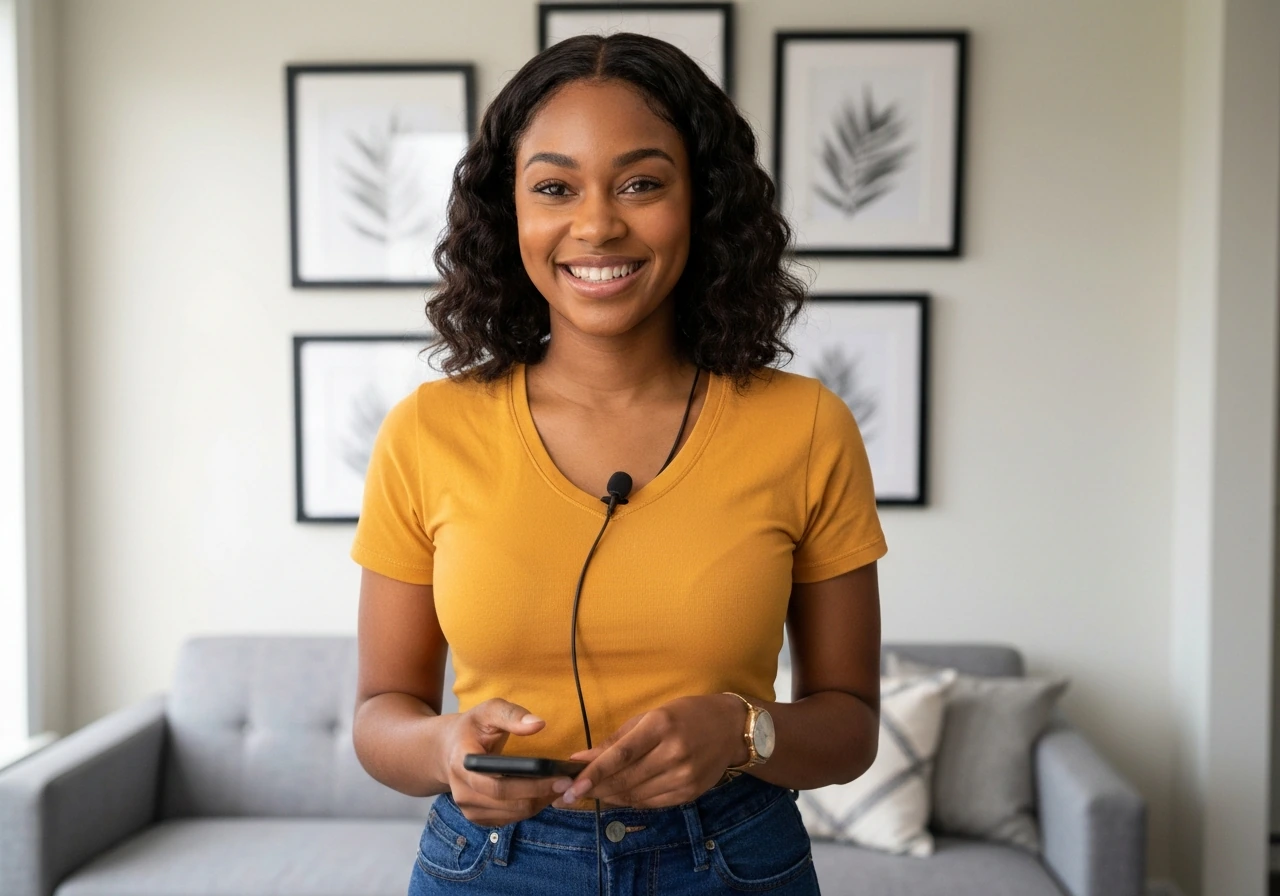 Ashley “Minnie” Ross in a simple Atlanta apartment living room, styled like a reality TV cast scene.