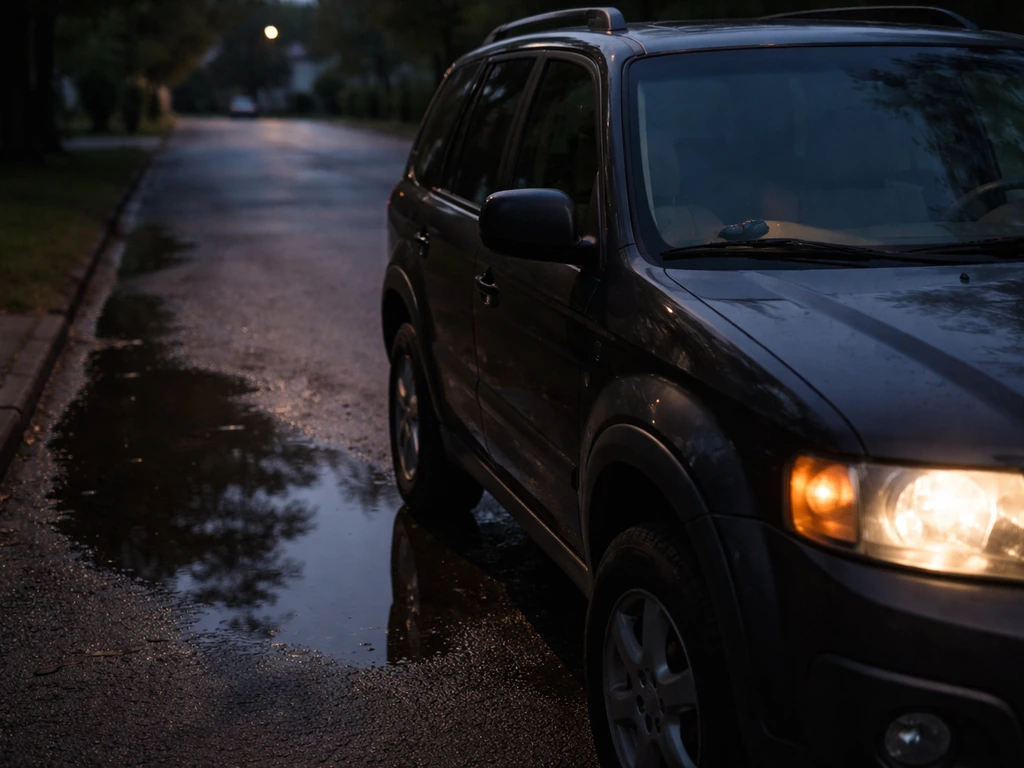 Unattended dark SUV with keys in the driver’s seat on a quiet street, rain reflections at dusk.