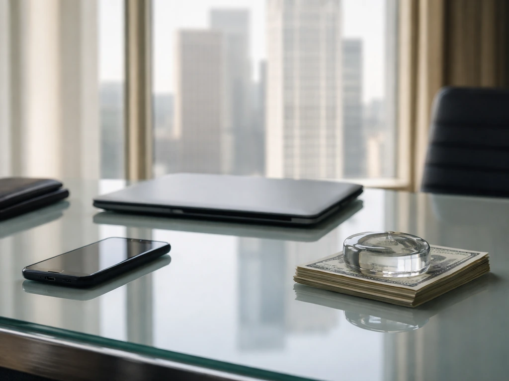 Minimal executive office desk with wallet, cash, and closed laptop, symbolizing ranked net worth analysis.