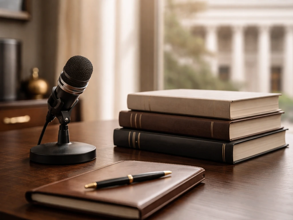 Minimal office scene with a microphone and law books symbolizing entertainment law and entrepreneurship