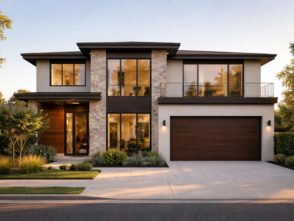 Modern suburban home exterior in warm daylight, evoking real estate and upscale living.