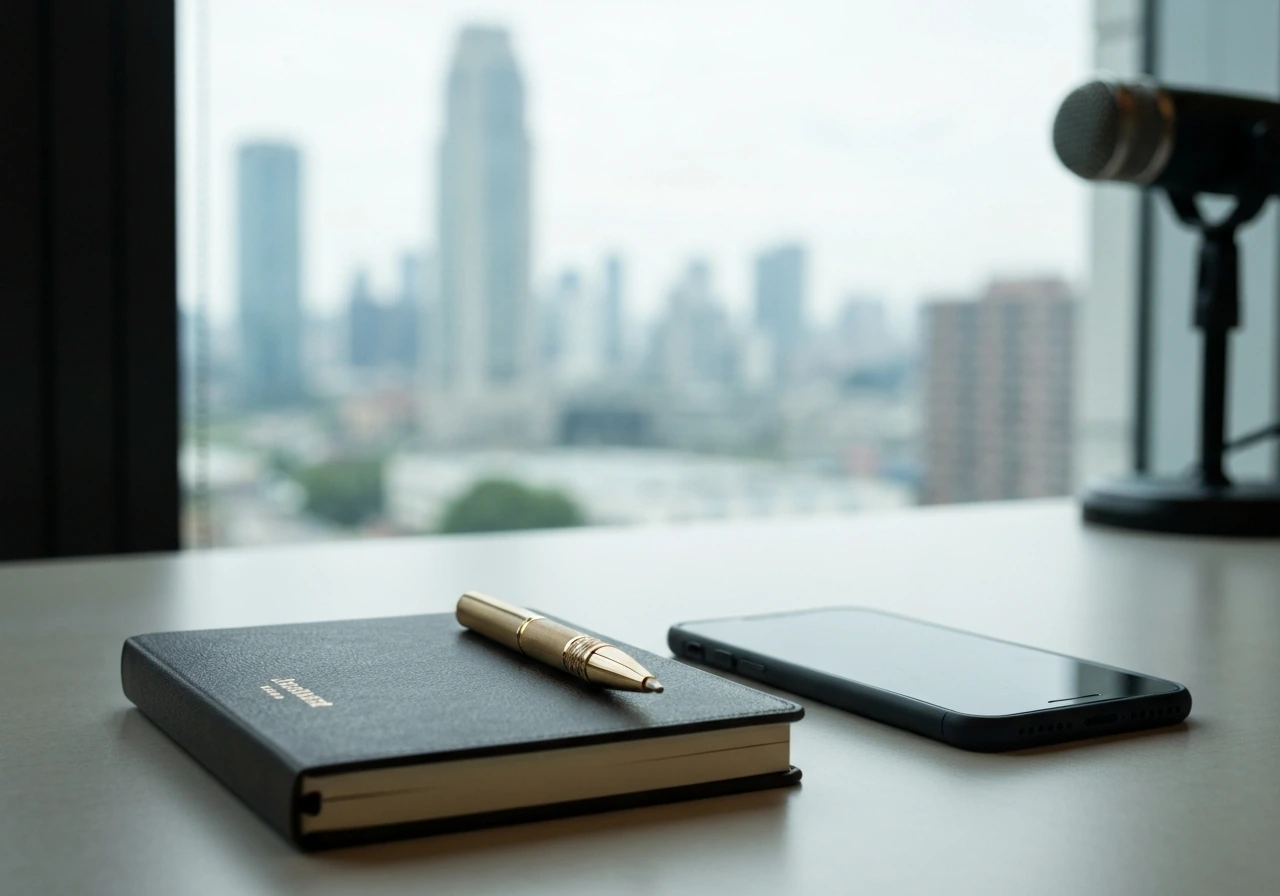 Minimal desk scene with pen, phone, and studio microphone beside a window skyline, symbolizing wealth comparison