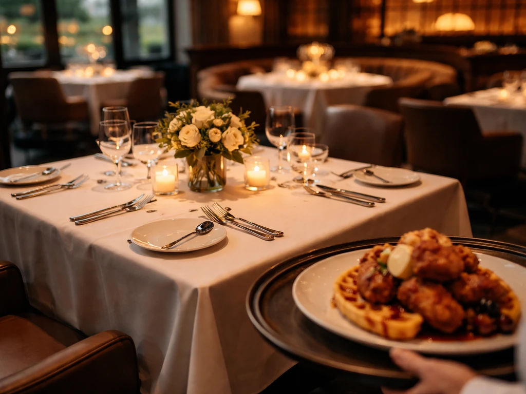 Luxury Atlanta restaurant dining scene with elegant table setting and warm ambient lights