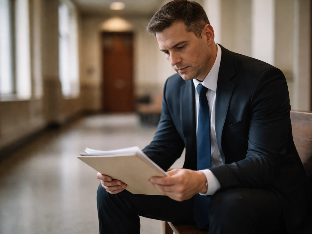 Man in a suit seated in a quiet courthouse hallway, holding documents, suggesting a legal finance story