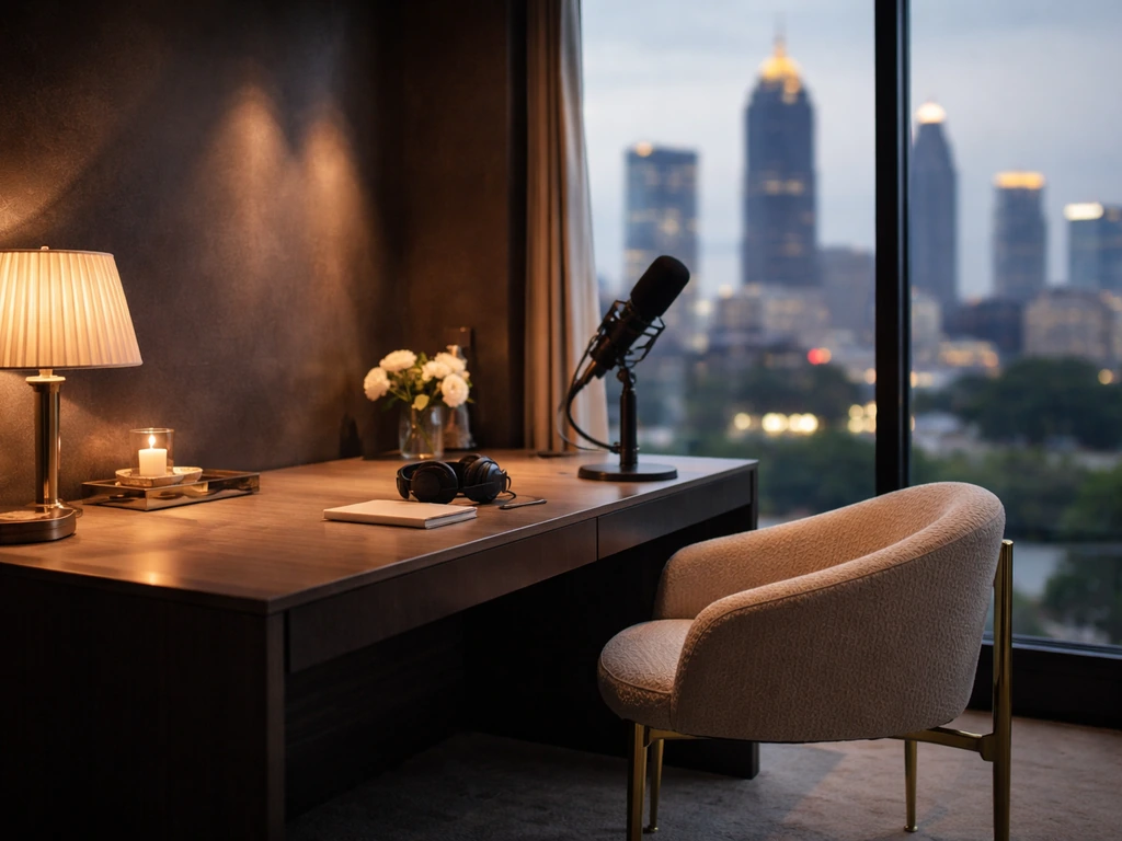 Empty luxury TV studio lounge with a microphone and city skyline, symbolizing media and wealth context.