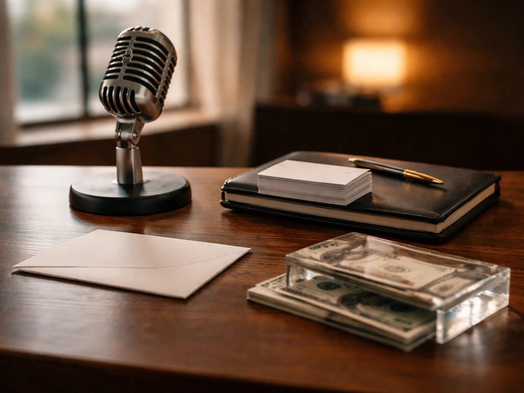 Minimal studio desk scene with microphone, premium cards, and money symbolizing a TV salary anchor