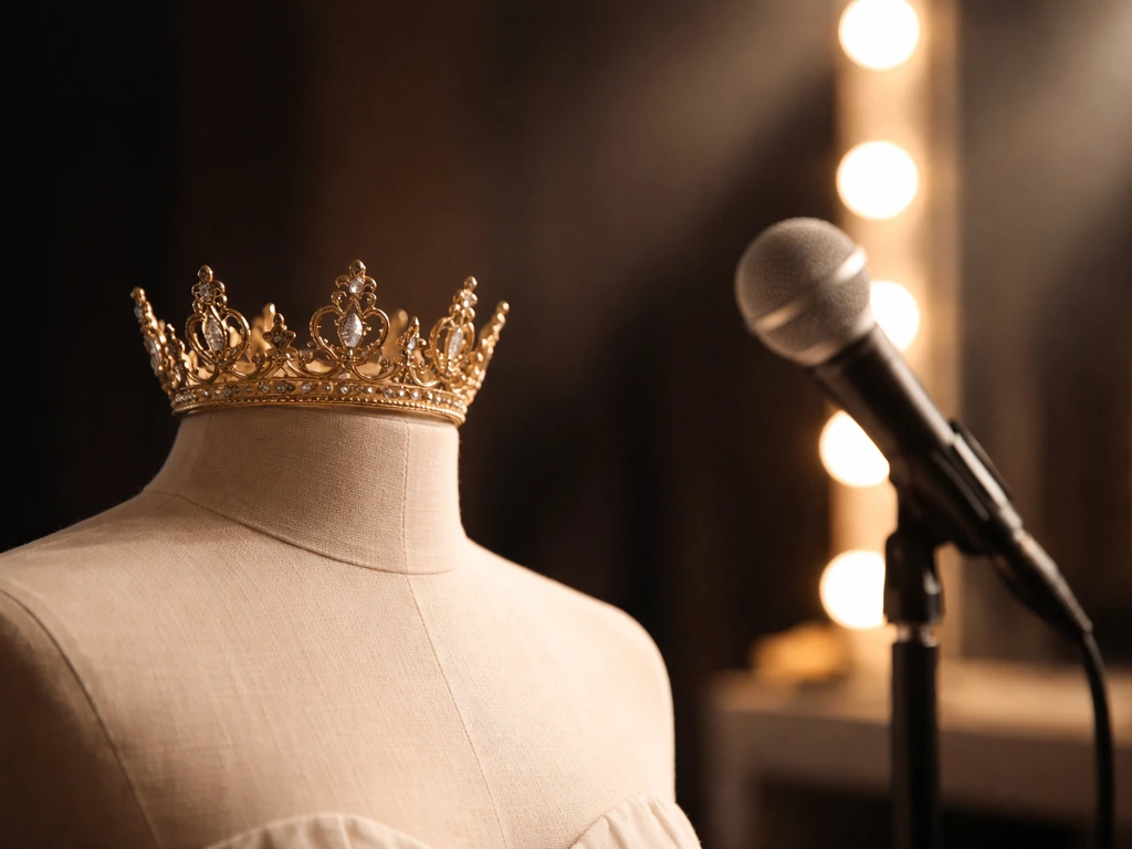 Minimal symbolic scene: a vintage crown on a dress form beside a studio microphone and soft glam lights.