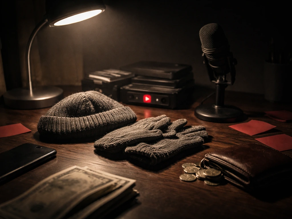 Moody desk scene with a grumpy vibe, YouTube-like media cues, and money symbols for net-worth topic.