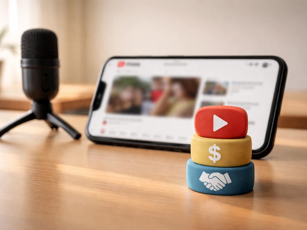 Smartphone and microphone on a desk with stacked generic money and play tokens suggesting YouTube monetization.