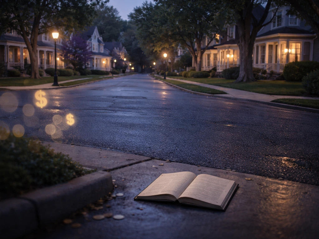 Empty Wisteria Lane street at dusk with subtle wealth-themed cues, cinematic title-strip feel.