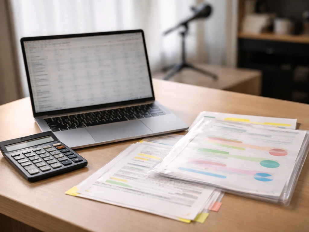 An open laptop, calculator, and blurred financial papers suggesting celebrity net worth estimation