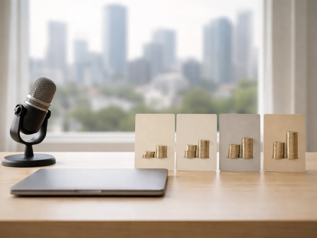 Minimal desk with studio microphone, laptop, and four blank cards symbolizing net worth comparison ranges.