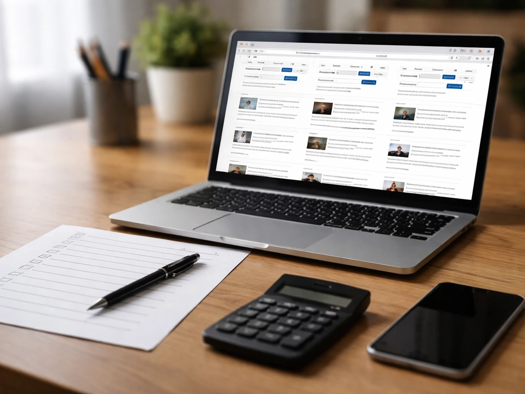Minimal desk scene: open laptop with source filters and a printed checklist near a calculator and smartphone